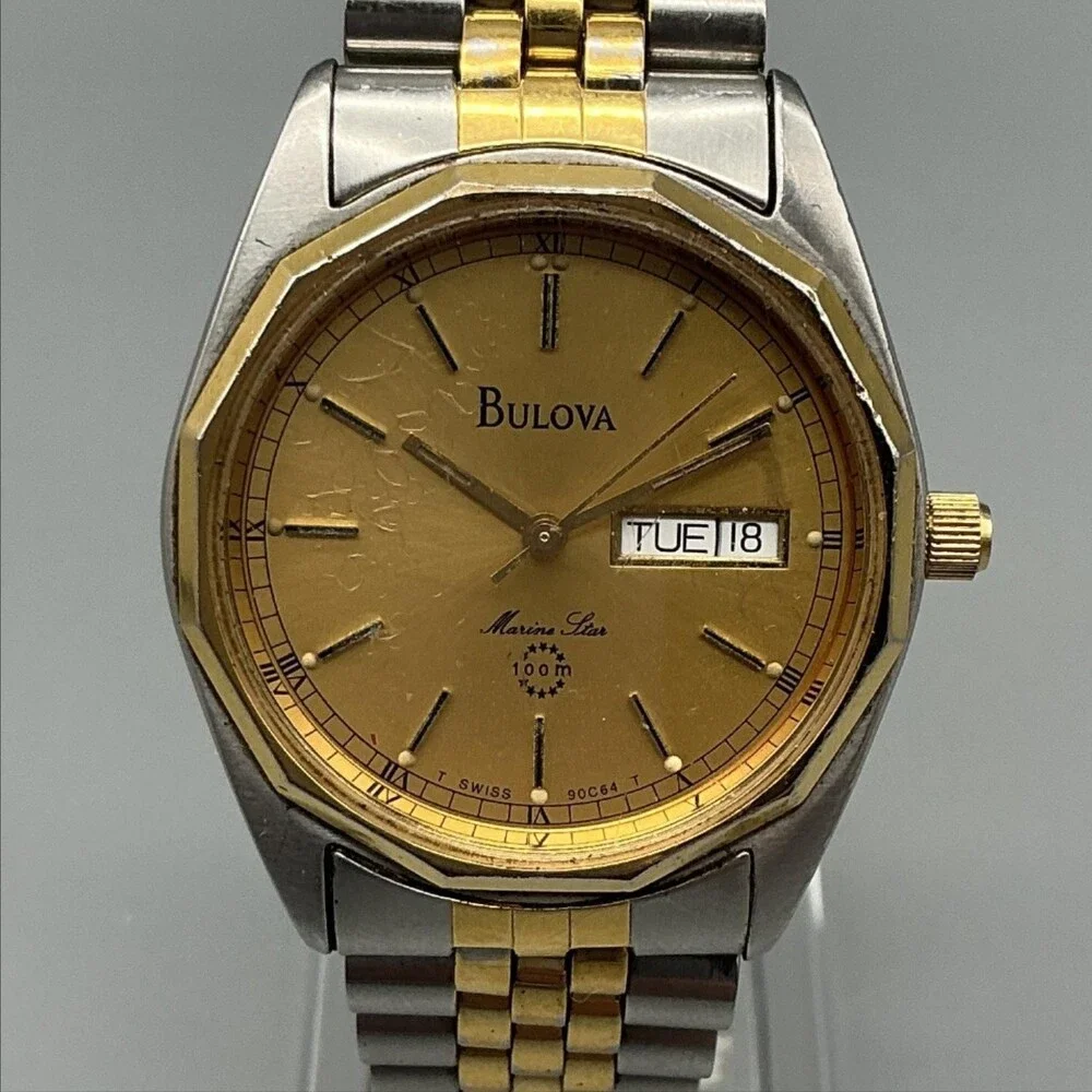 Vintage Bulova Marine Star Mens Watch 33mm Two Tone Day Date New Battery 7.25